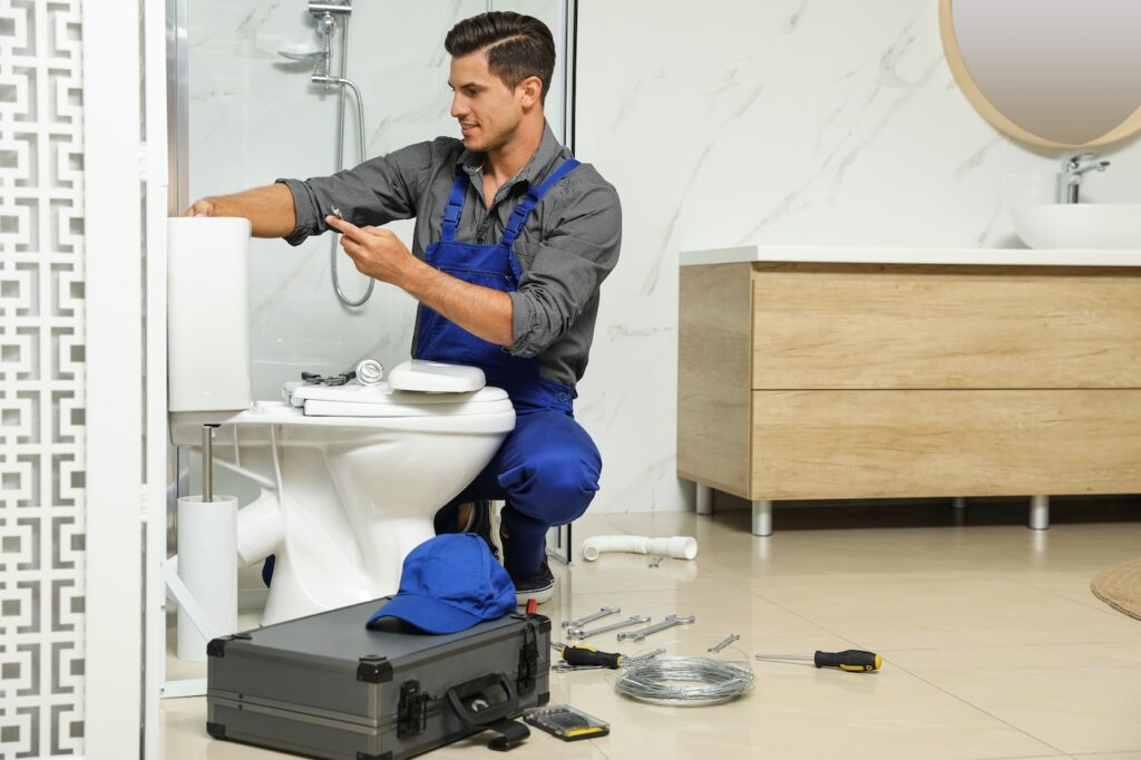 Professional plumber working with toilet bowl in bathroom