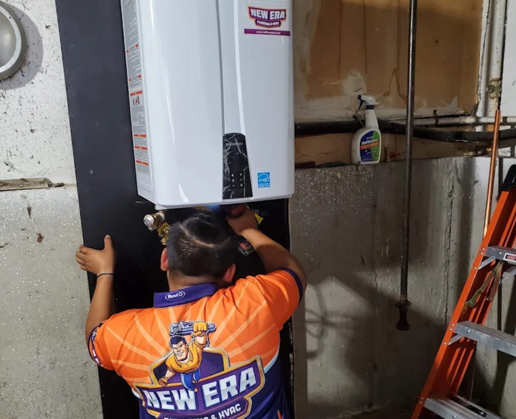 New Era worker fixing tankless water heater