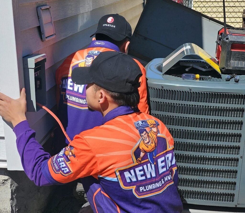 New Era workers fixing cooling system on ac unit