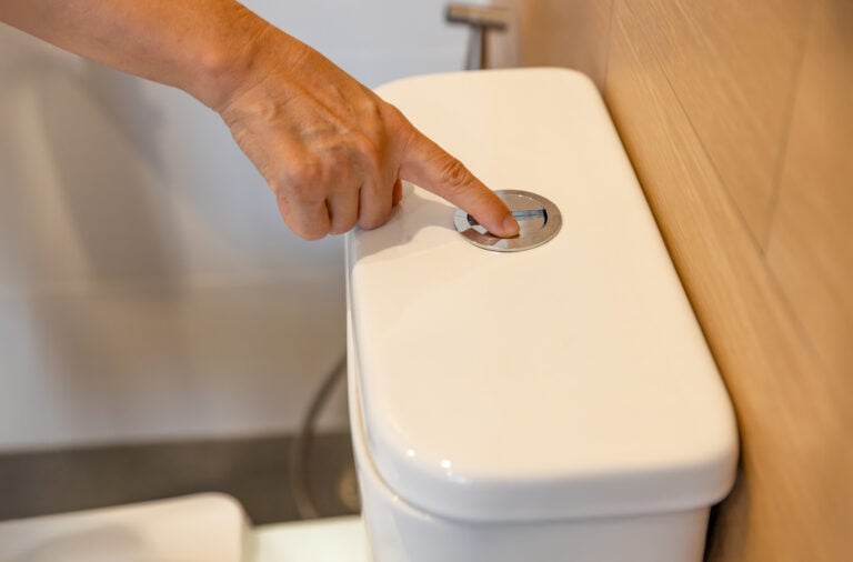 Senior woman's hand pushing button and flushing toilet in bathroom.