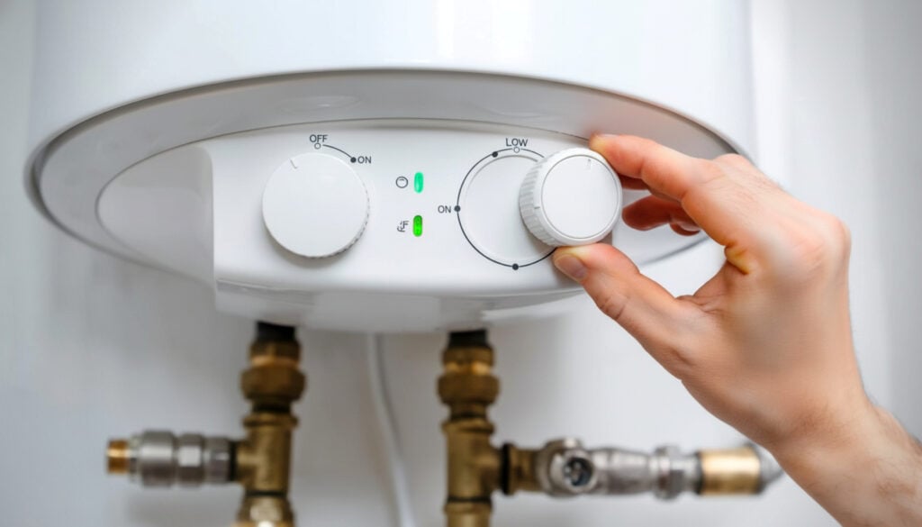 Close-up of a hand adjusting the thermostat on a domestic water heater