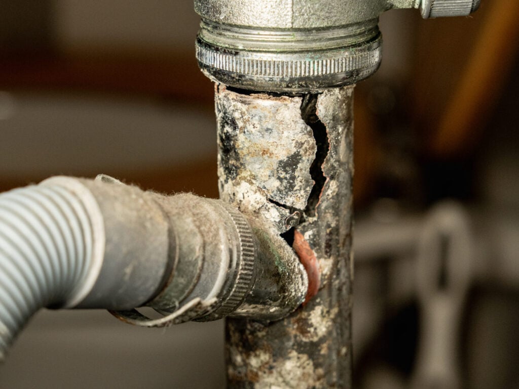 clogged drain Broken drain pipe under bathroom sink with water leaking. Concept of plumbing failure, home maintenance, emergency repair, household damage, insurance claim.