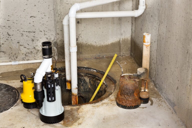 sump pump repair Replacing the old sump pump in a basement with a new one to drain the collected ground water from the sump or pit