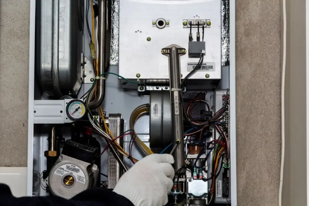 Technician servicing an electrical panel with wires and components.