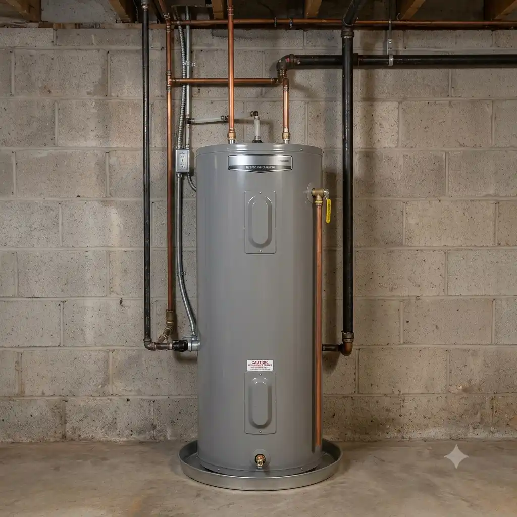 Gray water heater with copper pipes in a basement setting.