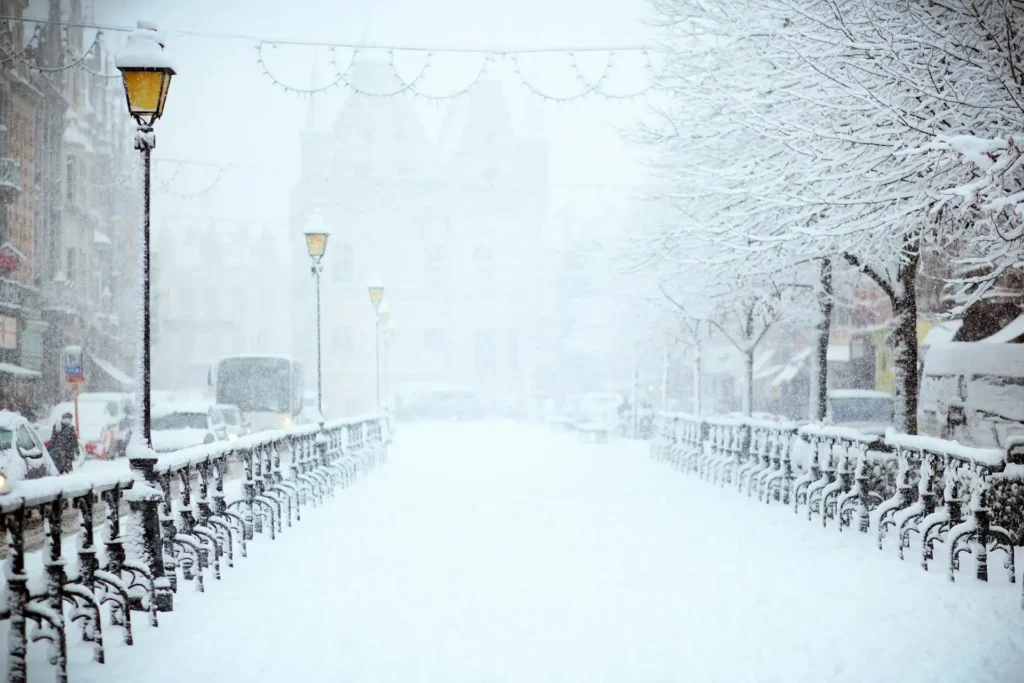 Snow-covered street with lampposts and trees in winter scenery.