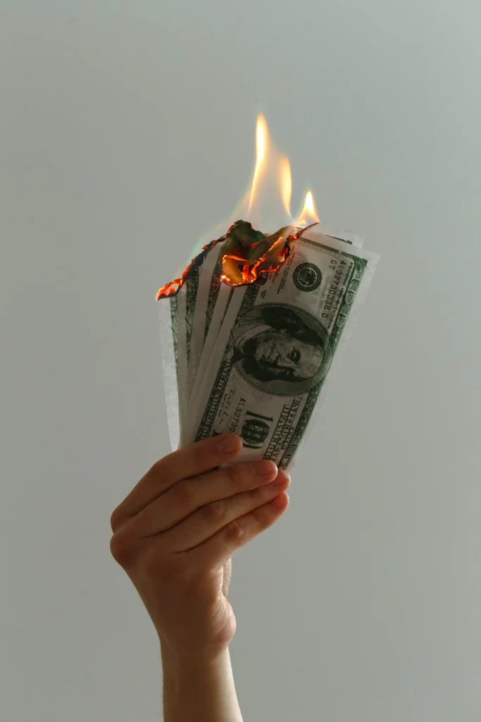 Hand holding burning money bills against a plain background.