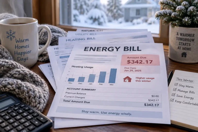 Detailed energy bill with usage chart, calculator, and warm beverage on a snowy window ledge.