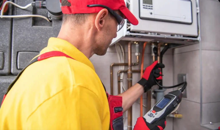 Technician inspecting plumbing system with a digital tool.