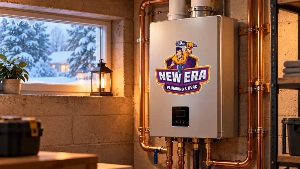 Modern plumbing and HVAC system with New Era logo in a cozy interior.